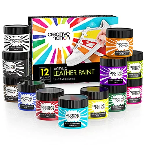 12-Pack Leather Paint for Sneakers & Leather Accessories - Premium Acrylic Shoe Paint Kit for Bags, Purses & More - Waterproof, Flexible, Long-Lasting Paints by Creative Nation, 0.95 Oz.