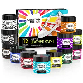 12-Pack Leather Paint for Sneakers & Leather Accessories - Premium Acrylic Shoe Paint Kit for Bags, Purses & More - Waterproof, Flexible, Long-Lasting Paints by Creative Nation, 0.95 Oz.