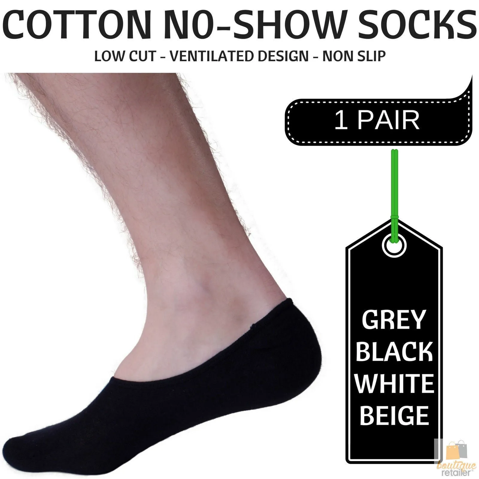 1x NO SHOW COTTON SOCKS Non Slip Heel Grip Low Cut Invisible Footlet Seamless