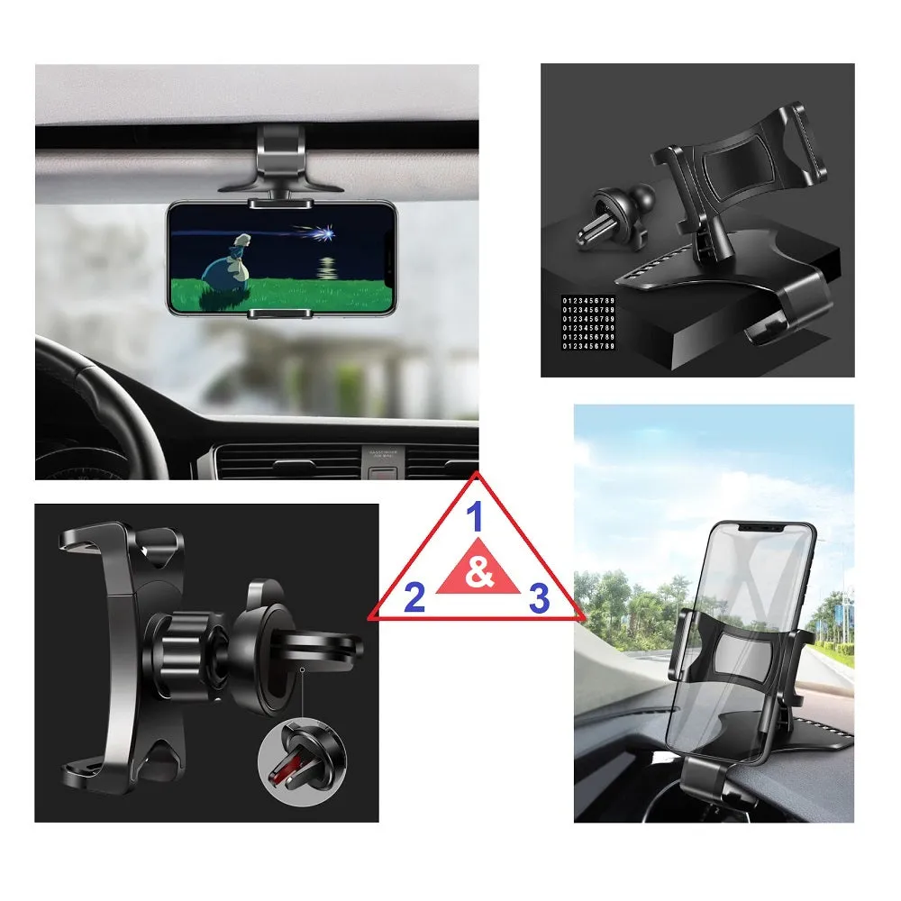 3 in 1 Car GPS Smartphone Holder: Dashboard / Visor Clamp   AC Grid Clip for HTC U11 Dual TD-LTE U-3u (HTC Ocean) - Black