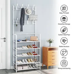 5-Tier Coat & Shoe Shelf Rack Organizer With 8 Hooks - White
