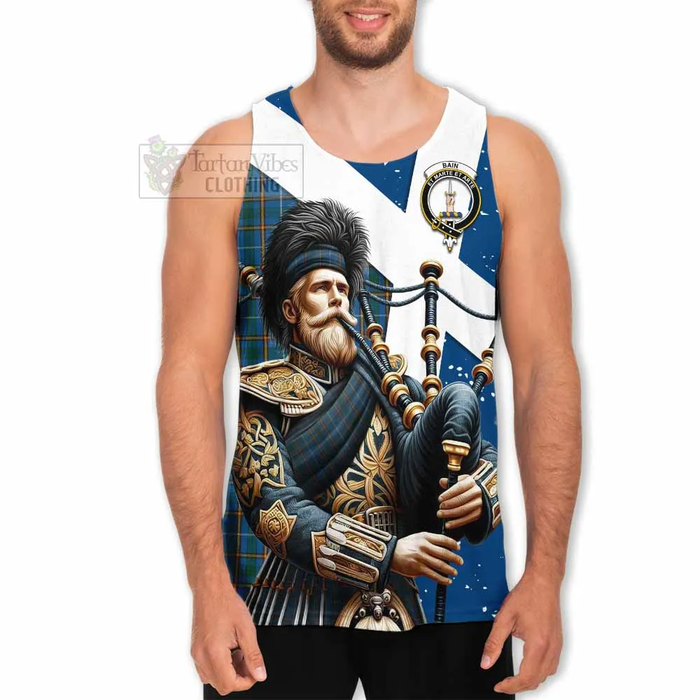 Bain Tartan Men's Tank Top with Family Crest Scottish Bagpiper Vibes