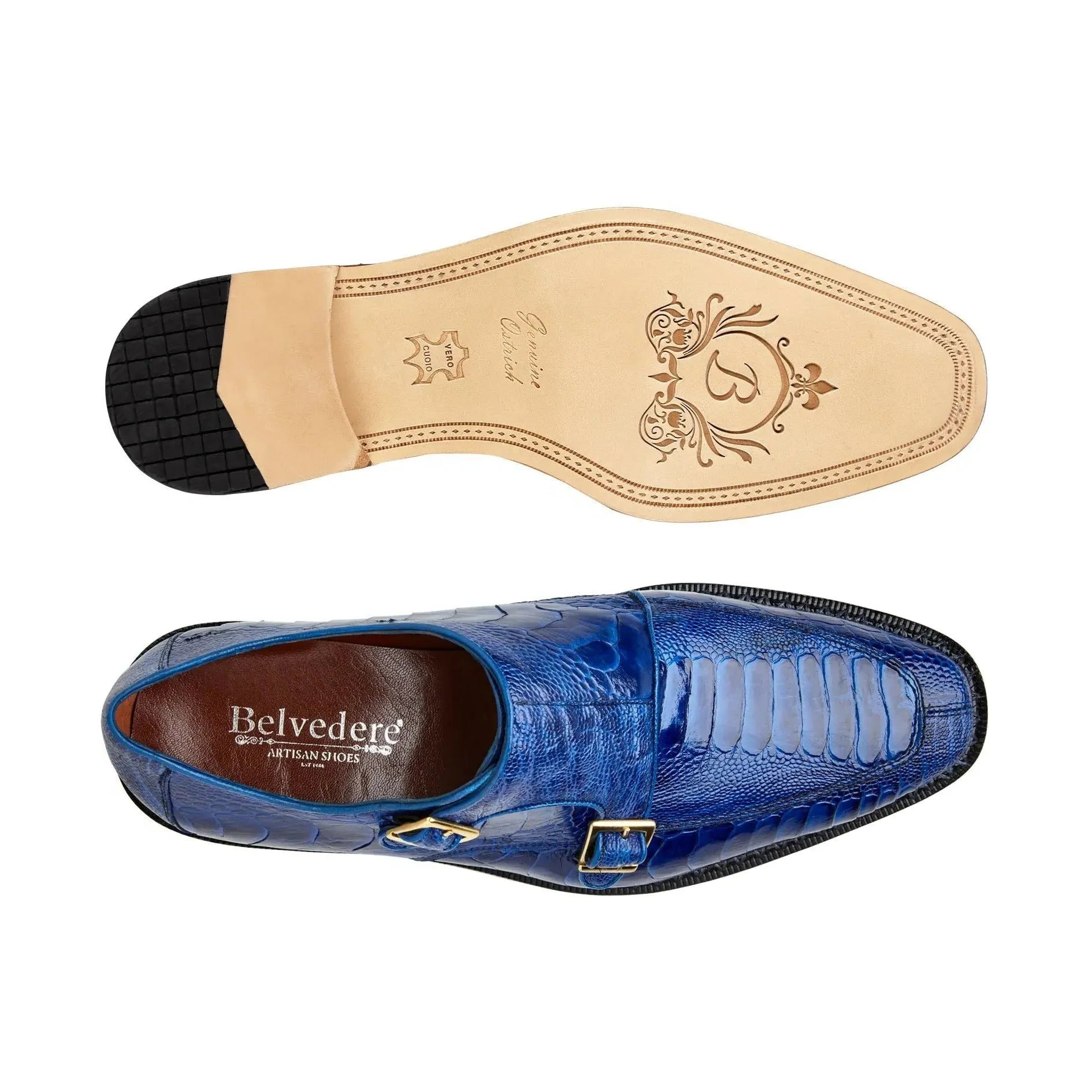 Belvedere Valiente in Antique Ocean Ostrich Leg Monkstraps