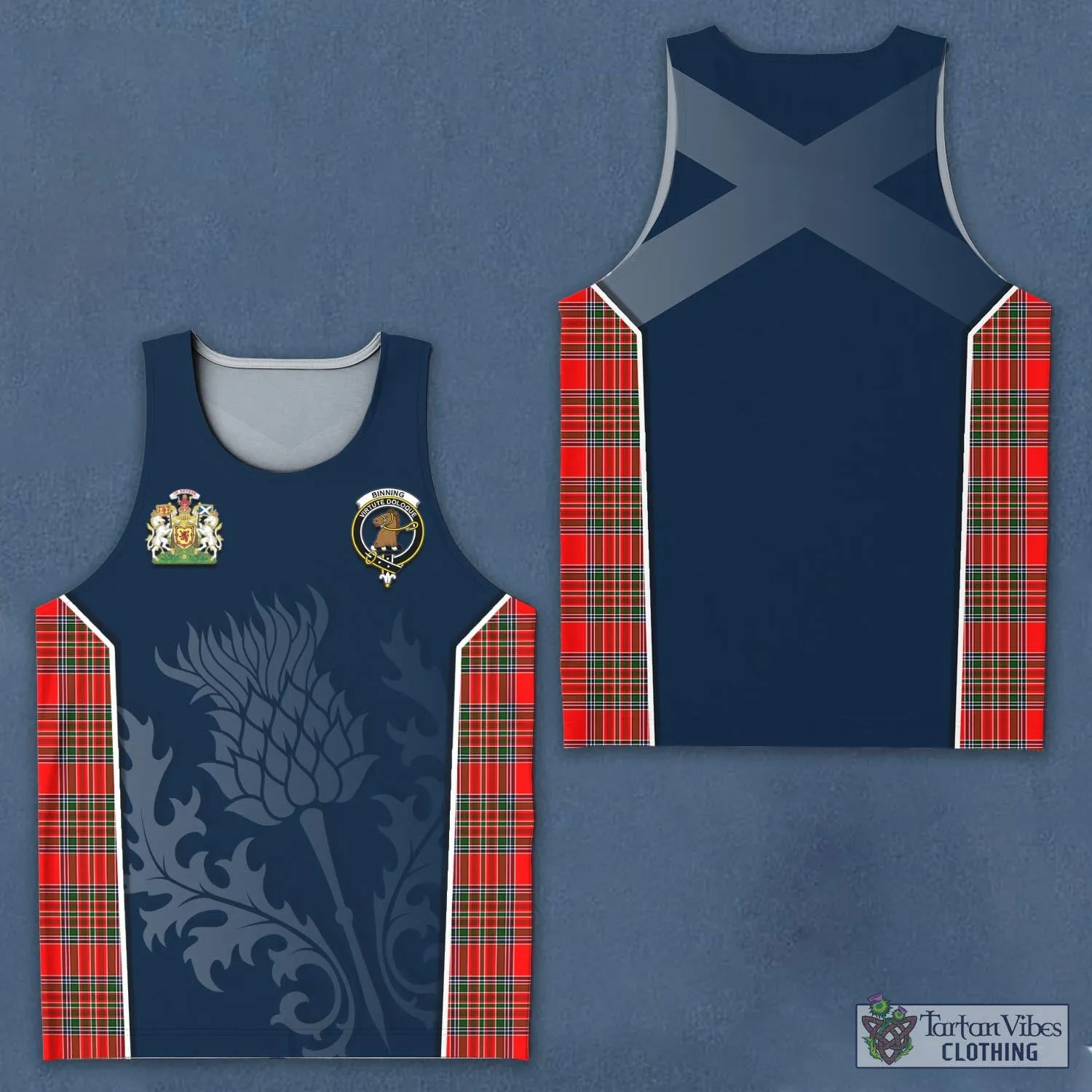 Binning Tartan Men's Tanks Top with Family Crest and Scottish Thistle Vibes Sport Style