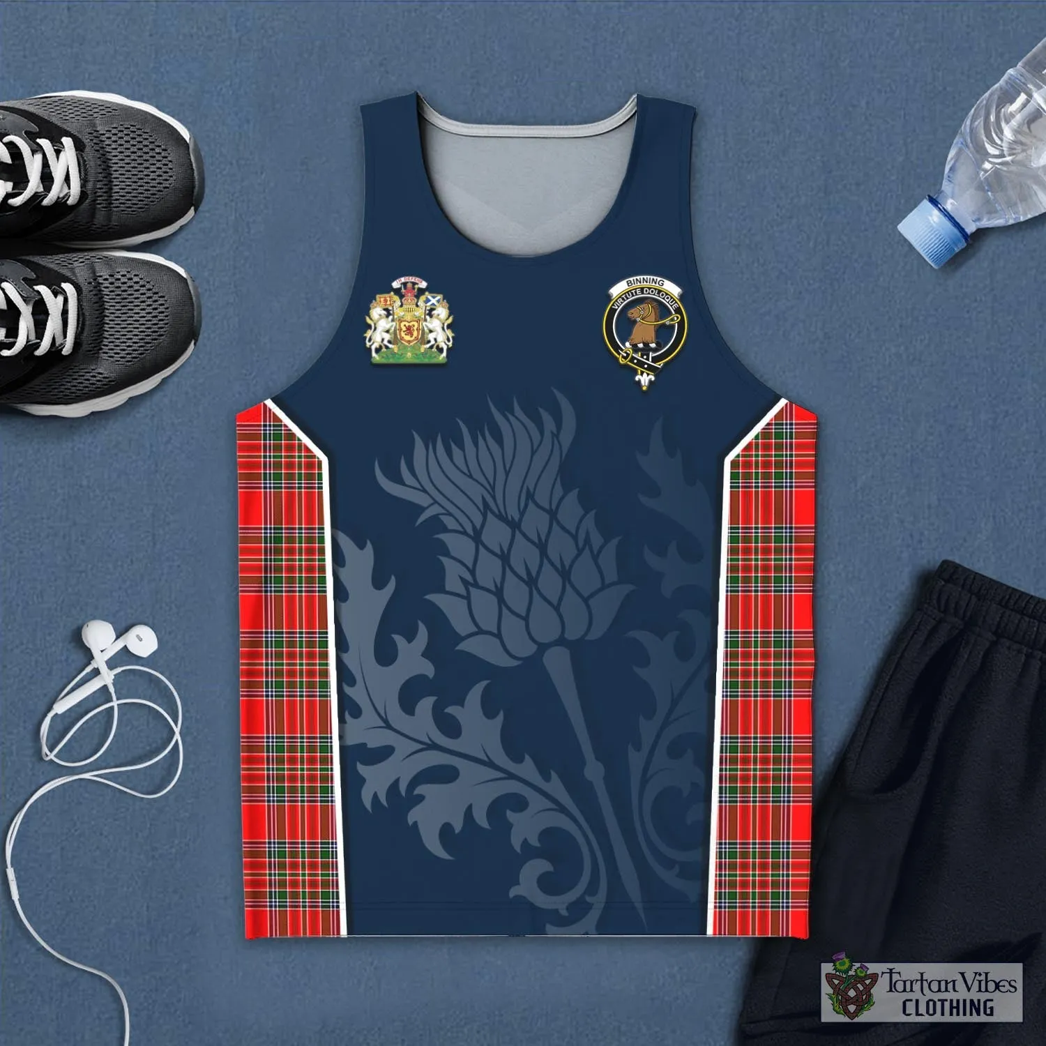 Binning Tartan Men's Tanks Top with Family Crest and Scottish Thistle Vibes Sport Style