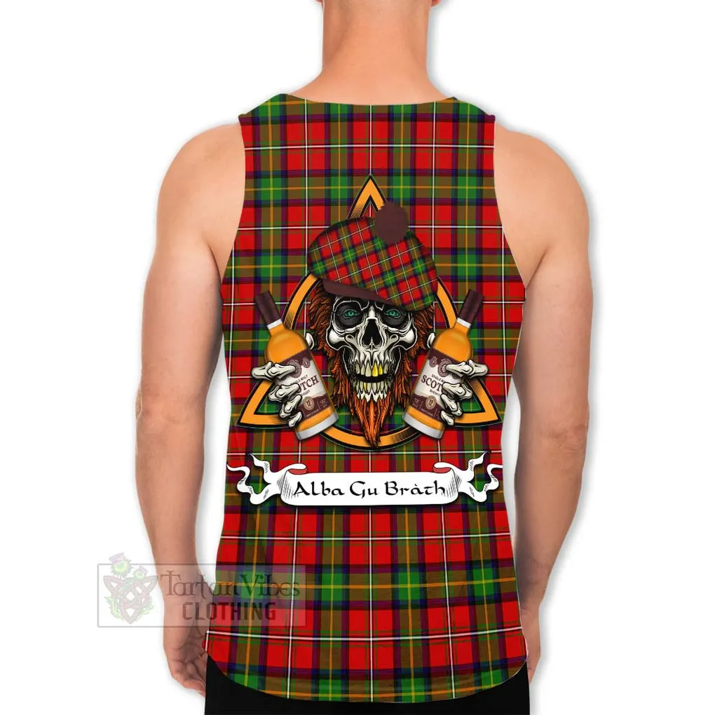 Boyd Tartan Men's Tank Top with Family Crest and Bearded Skull Holding Bottles of Whiskey
