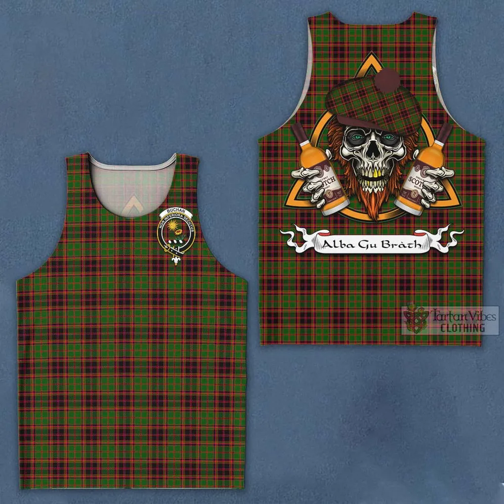 Buchan Tartan Men's Tank Top with Family Crest and Bearded Skull Holding Bottles of Whiskey