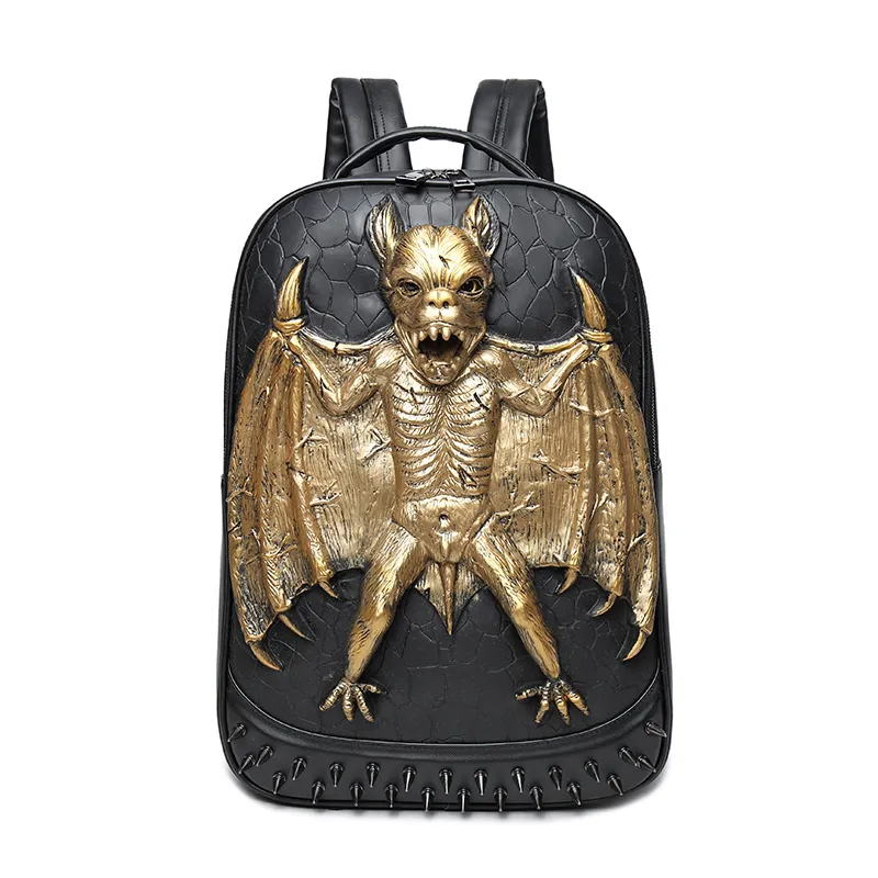 Cool Waterproof Backpack in Rock Style / Solid Zipper Rivet Shoulder Bags with Decorate Bat