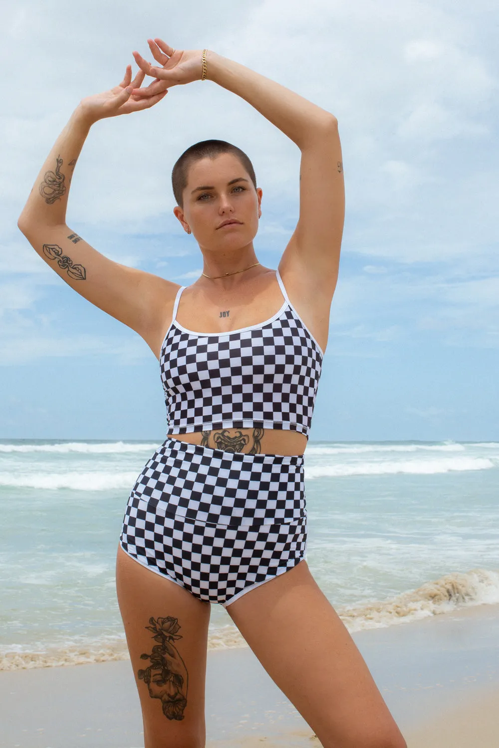 Cropped Tankini Surf Top - B W Checkers
