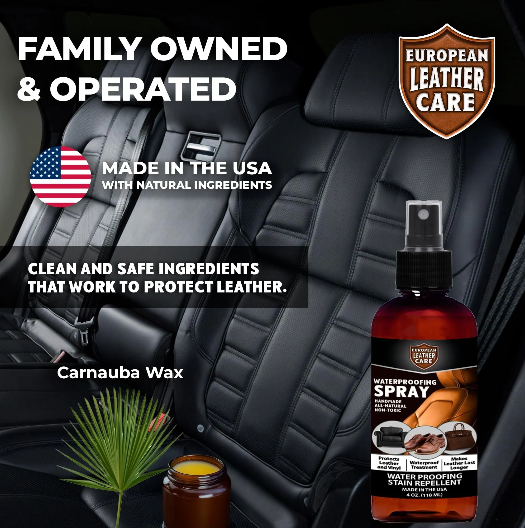 European Leather Care Waterproofing Spray - All Natural Non-Toxic Leather Shoe Suede Protector Spray - Waterproof Spray Shoes Rain and Stain Repellent Spray for bag, Furniture, Car Interior