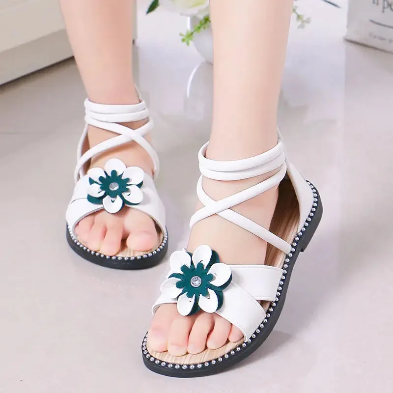 Girls summer pearls sandals 2021 new Korean version children's student beading princess beach shoes 5 6 7 8 9 10 11 12 Years old