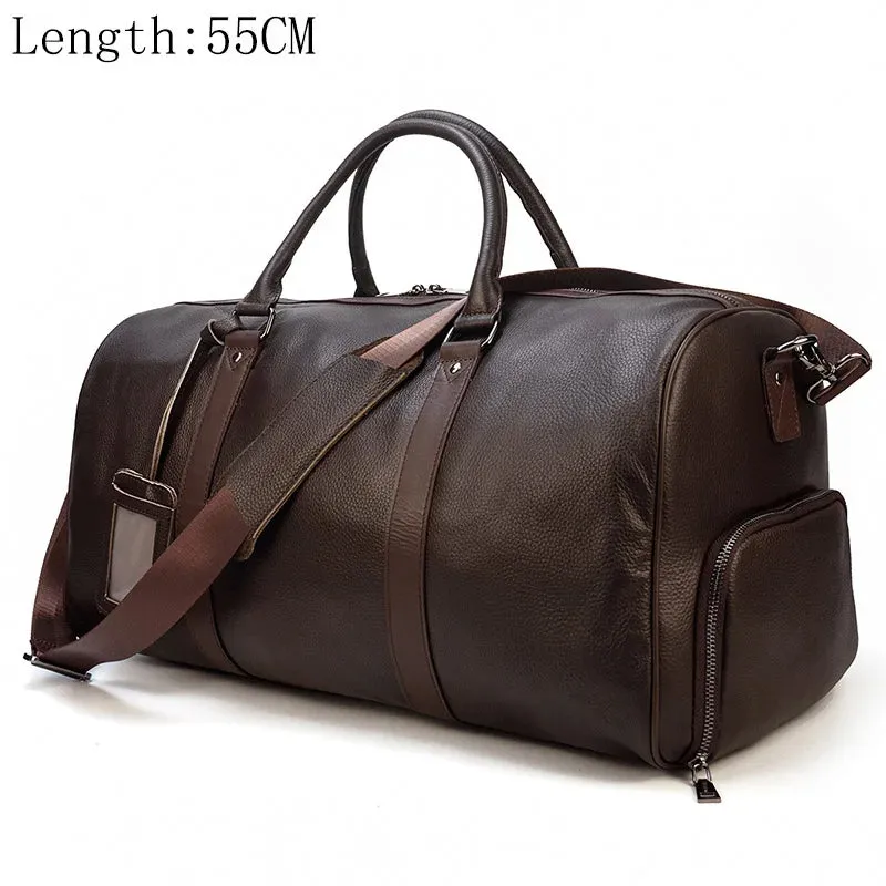 Men's Travel Bag Big Capacity Genuine Leather Travel Duffel With Shoe Pocket Large Luggage Shoulder Bag Waterproof Male Handbag