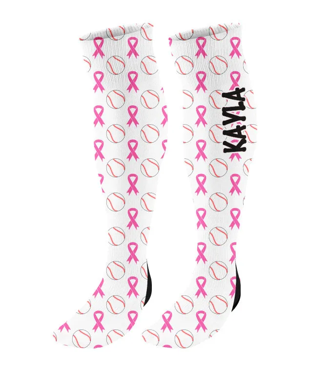 Personalized Baseball Breast Cancer Awareness Ribbon Knee High Socks