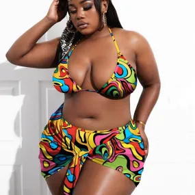 Sexy 3 Piece Set Large Size Bikini Set Swimwear Women Halter Beach Plus Size Cover Up Swimsuit