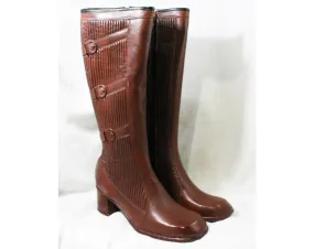 Size 6 Trompe L'Oeil 60s Boots - Brown Waterproof Rubber - Sophisticated 1960s - Faux Buckles - Fleece Lined - Unworn - Deadstock - 43295-6