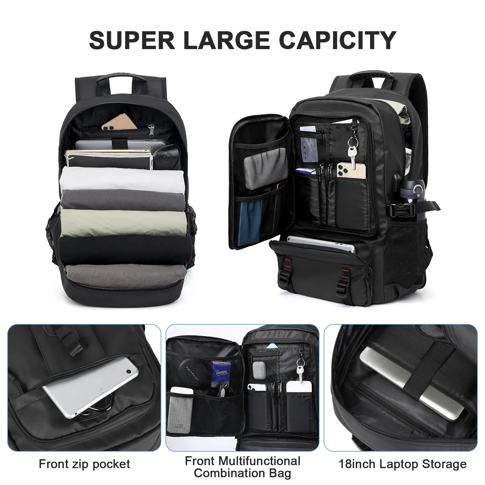 Sohiwoo Men's Backpack Large Capacity Business Travel Backpack School Backpack Laptop Bag Waterproof Expandable Backpacks Man Backpack