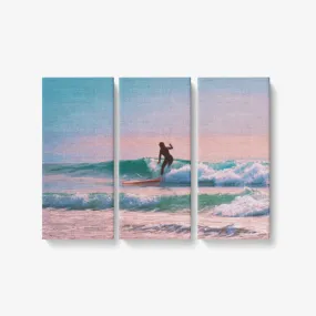 Sunset Surfing - 3 Piece Canvas Wall Art for Living Room - Framed Ready to Hang 3x8"x18"