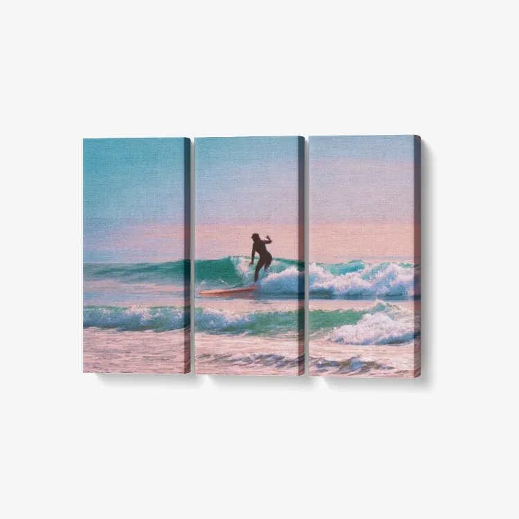 Sunset Surfing - 3 Piece Canvas Wall Art for Living Room - Framed Ready to Hang 3x8"x18"
