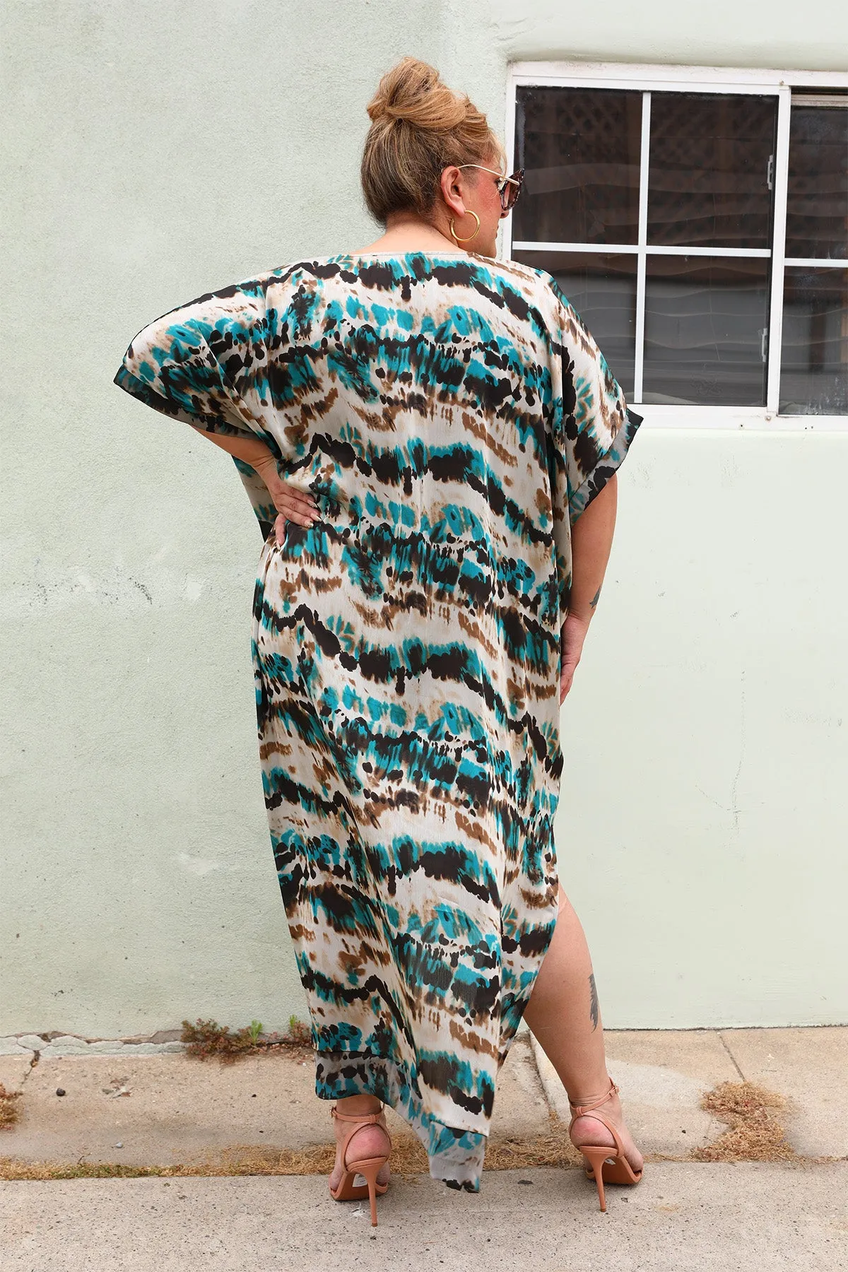 The Muse Italian Silk Charmeuse Caftan - Mottled Ocean